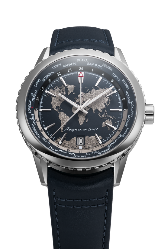 Raymond Weil simple Freelancer Men's World-Traveller GMT Blue Dial Leather Automatic Watch, 40 mm 2762-STC-02026