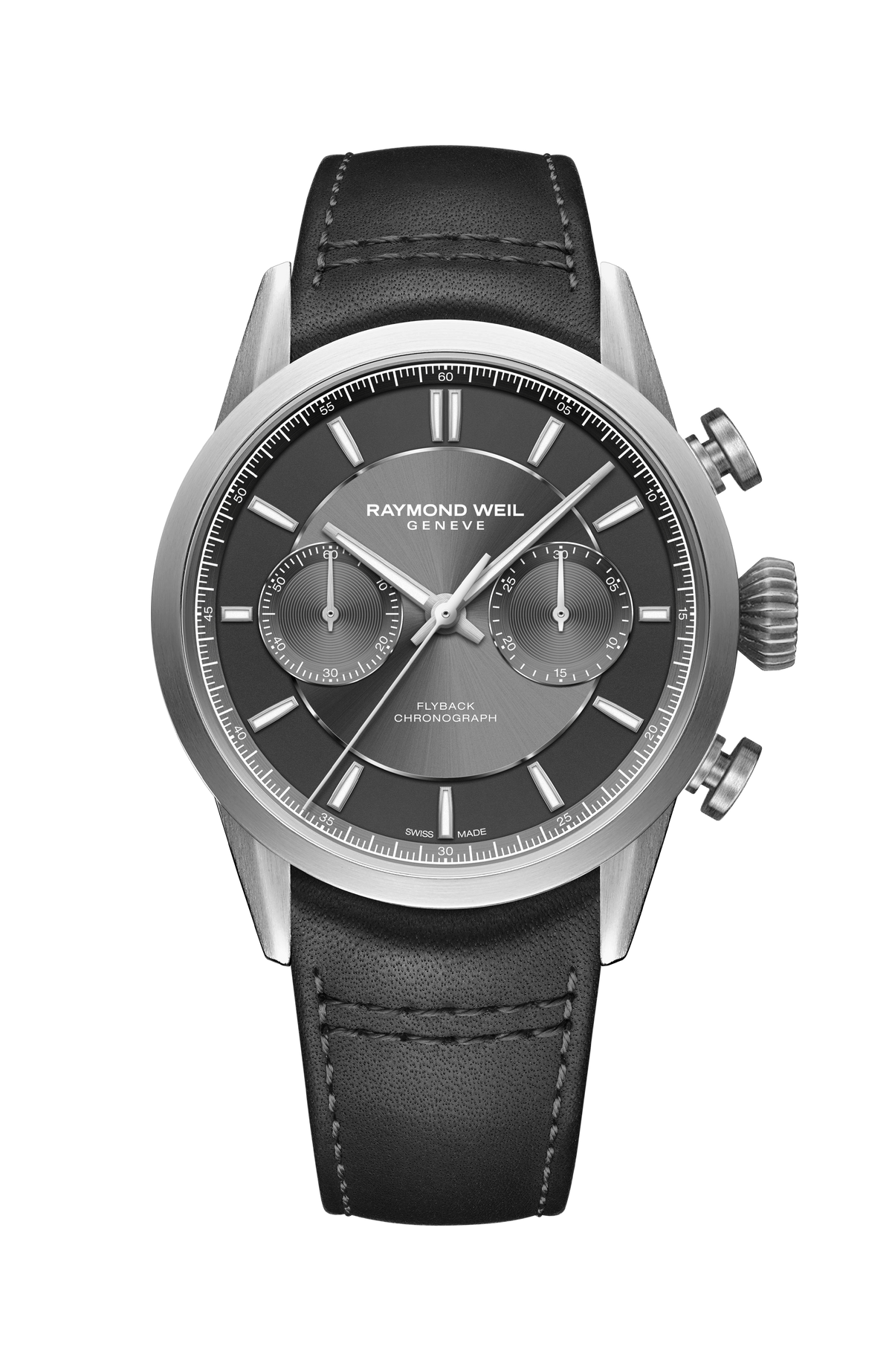 Raymond Weil simple Freelancer Men's Pilot Flyback Chronograph Leather Automatic Grey Dial Watch, 42 mm 7783-TIC-60001