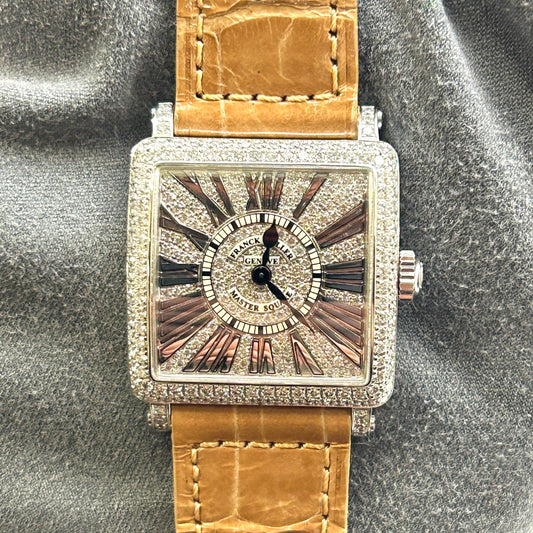 Franck Muller Master Square Relief 6002 S QZ R D CD – White Gold, Tan Strap