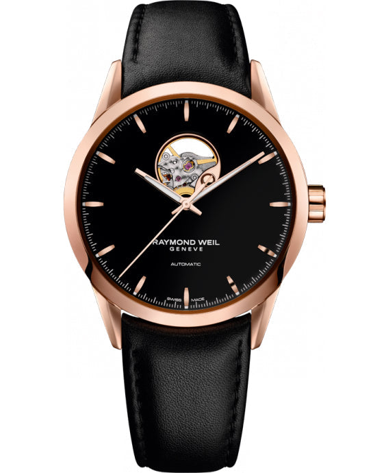 Raymond Weil Freelancer automatic 42mm rose gold PVD visible balance wheel black dial black leather strap 2710-PC5-20011