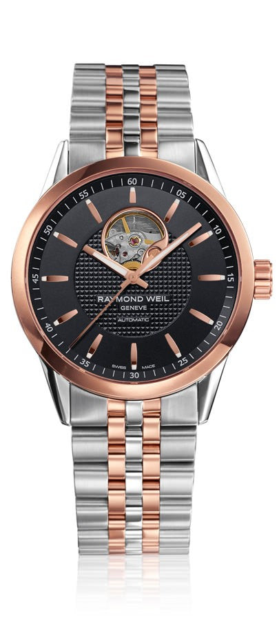 Raymond Weil Freelancer automatic 42mm rose gold PVD/SS visible balance wheel black dial bracelet 2710-SP5-20021