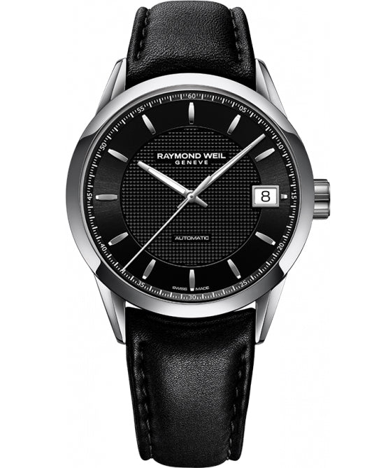 Raymond Weil Freelancer automatic 42mm SS grande date function black dial black leather strap 2740-STC-20021