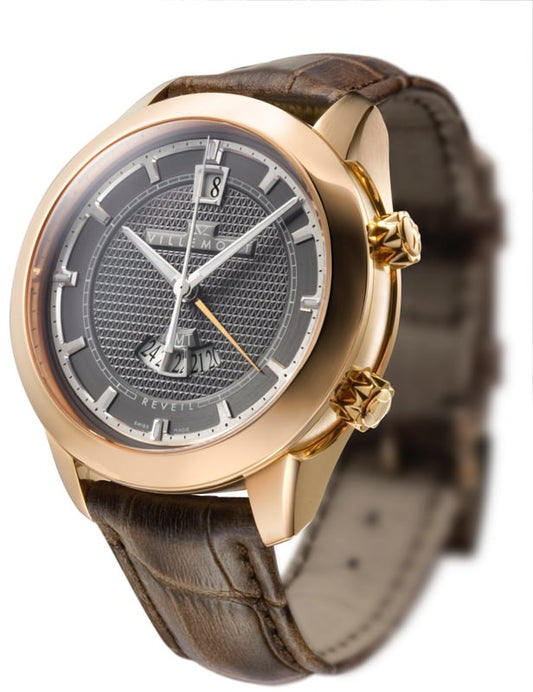 Villemont Aston R GMT Alarm Automatic 18KT Rose Gold Black Dial On Strap Men's Watch 3060.000