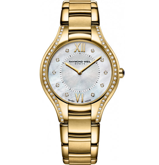 Raymond Weil Noemia quartz 32mm yellow gold PVD mother of pearl diamond dial and diamond bezel bracelet 5132-PS-00985