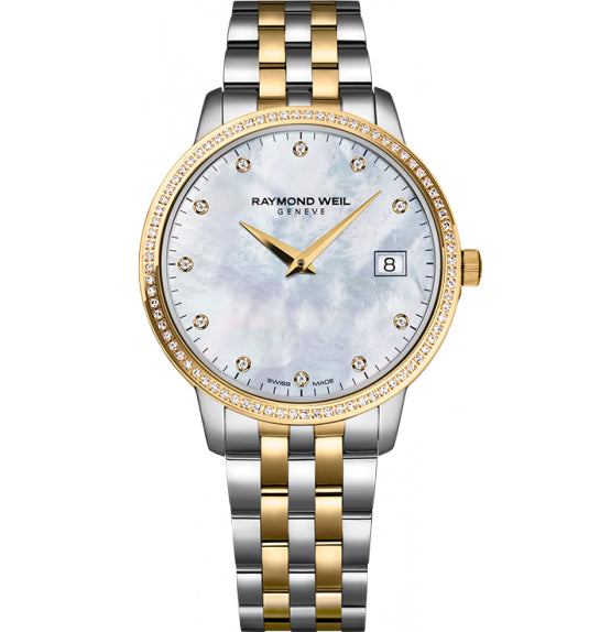 Raymond Weil Toccata quartz 34mm yellow gold PVD/SS mother of pearl diamond dial diamond bezel bracelet 5388-SPS-97081