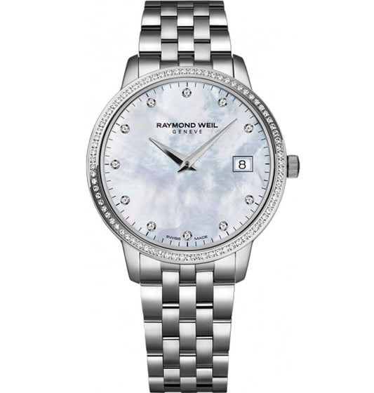 Raymond Weil Toccata 34mm Stainless Steel MOP Diamond Dial Diamond Bezel On Bracelet Ladies Watch 5388-STS-97081