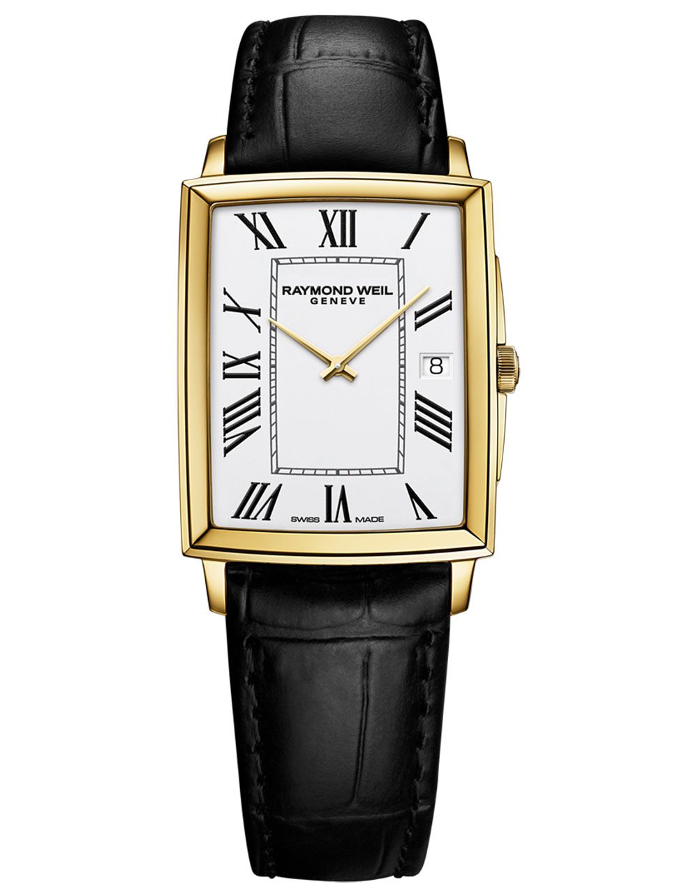 Toccata Men's Rectangular Gold PVD White Dial Leather Strap Watch, 37 x 29mm