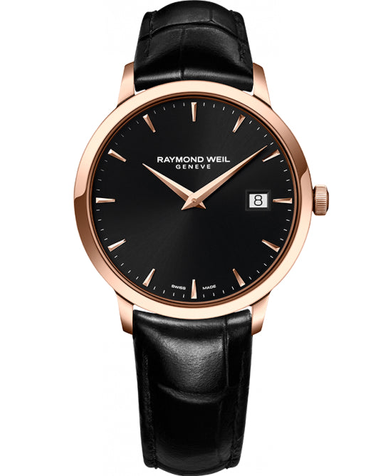 Raymond Weil Toccata quartz 39mm rose gold PVD black dial leather strap