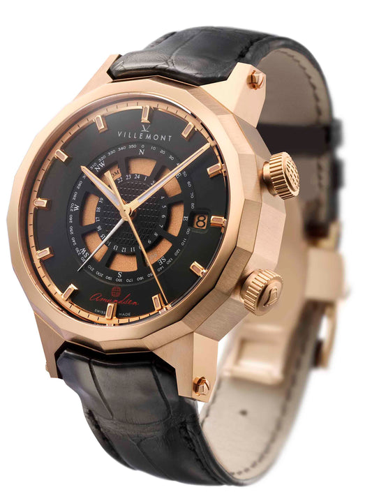 Villemont Solar Navigator Automatic 18KT Rose Gold Black Dial On Strap 1001.000