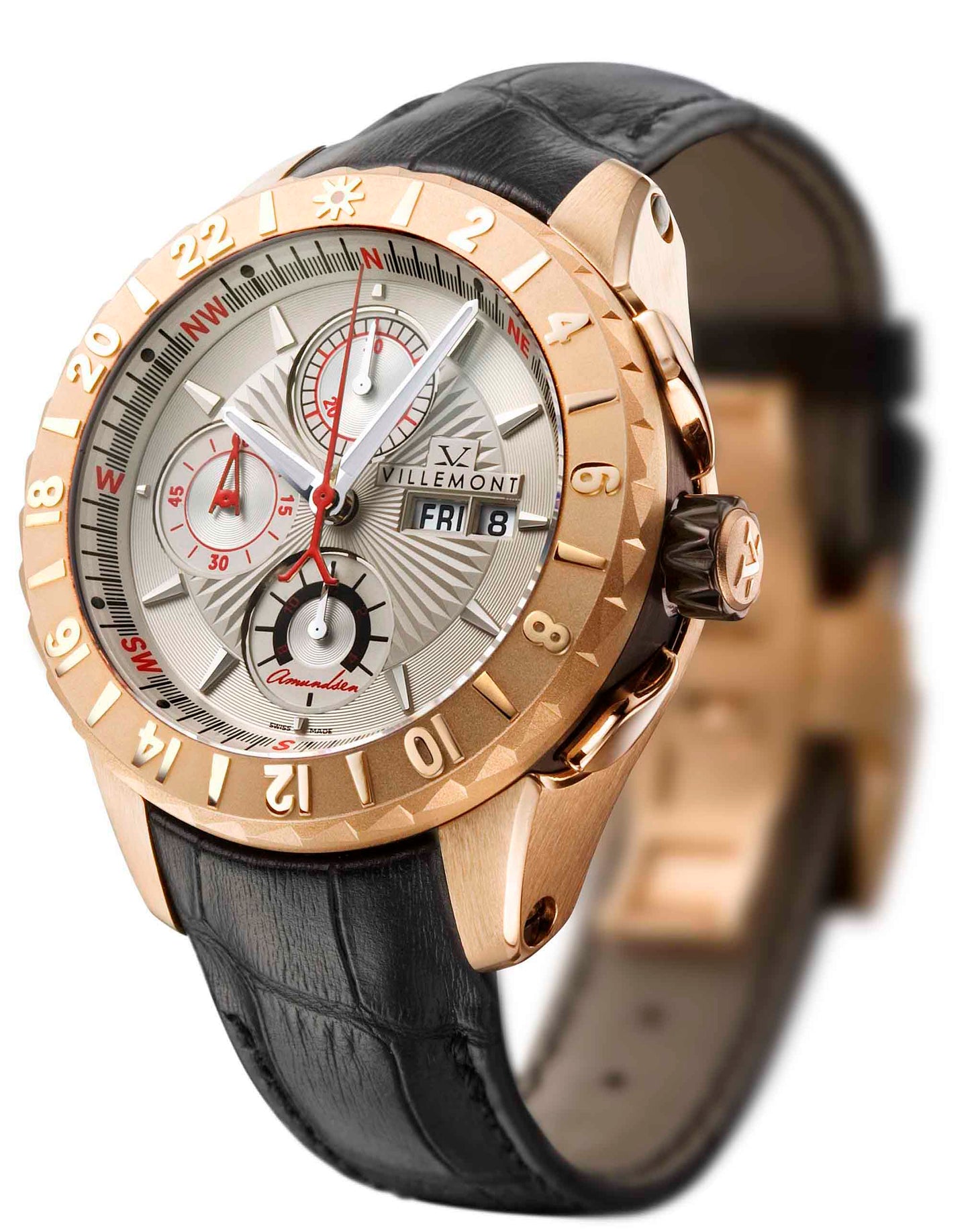 Villemont Arctic Navigator Chronograph Automatic 18KT Rose Gold Silver Dial On Strap Men's Watch 1050.001