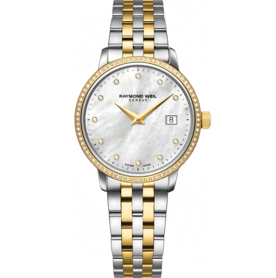 Raymond Weil Toccata quartz 29mm yellow gold PVD/SS mother of pearl diamond dial and diamond bezel bracelet 5988-SPS-97081