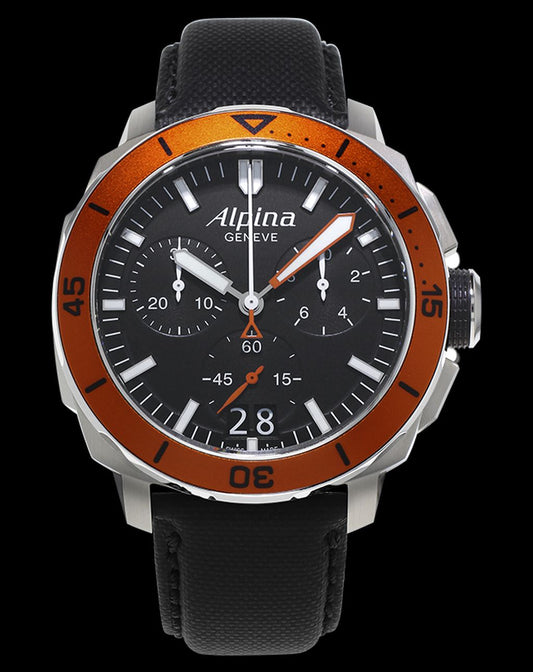 Alpina Seastrong Diver 300 Quartz Chrono Stainless Steel Black/Orange On Strap Men's Watch AL-372LBO4V6