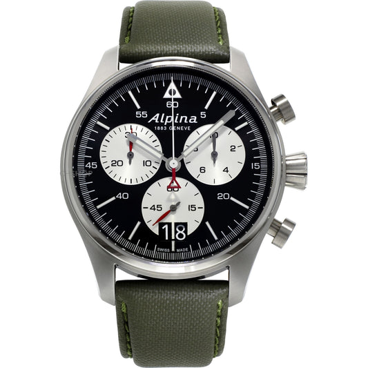 Alpina Startimer Pilot Quartz Chrono Stainless Steel Black/Silver Dial On Strap Men's Watch AL-372BS4S6