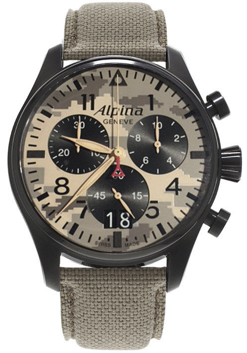 Alpina Startimer Pilot Quartz Chrono PVD Black-Beige On Strap Men's Watch AL-372MLY4FBS6