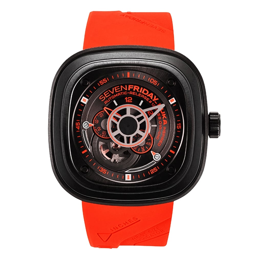 SevenFriday P Series Kuka Automatic PVD Black/Orange On Rubber Strap Men's Watch P3/4