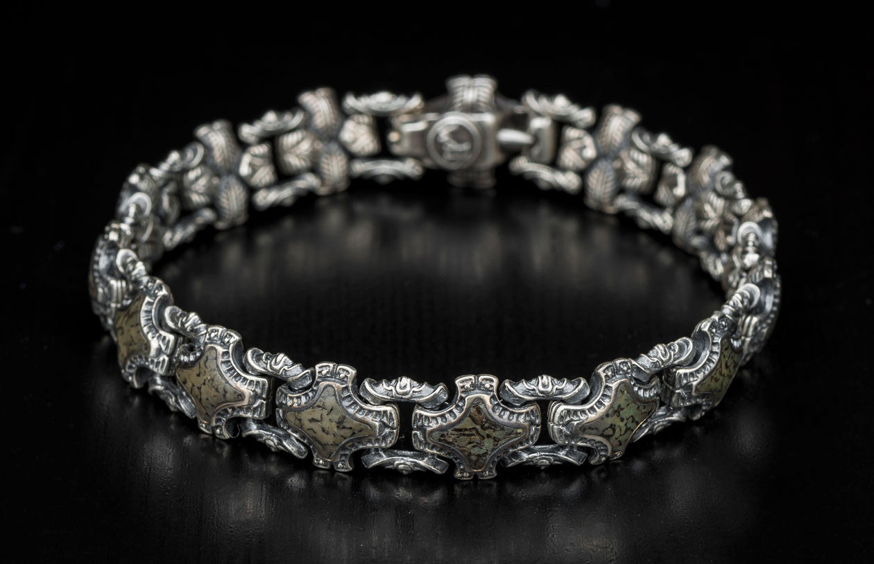 William Henry Sterling Silver Bracelet With Green Grey Fossil Dinosaur Bone Large Size BR1S DB GR - LG