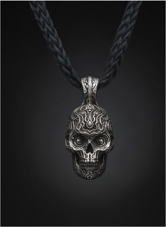 William Henry Sterling Silver Skull Necklace On Soft Black Kevlar Cord With Sterling Silver Clasp 22 Inch P6-22