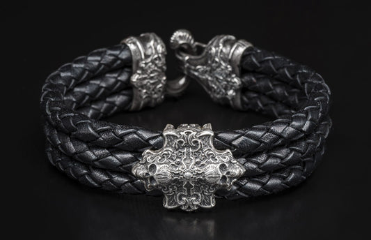 William Henry Triple Strand Bracelet With Sterling Silver Over Braided Leather Large Size LB5 - LG