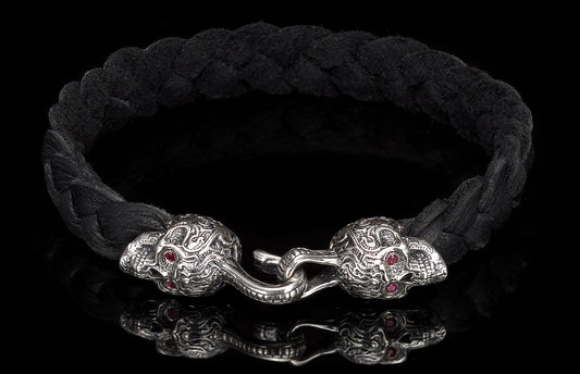 William Henry Braided Deerskin Black Bracelet With Silver Skull Large Size LB7 BLK - LG