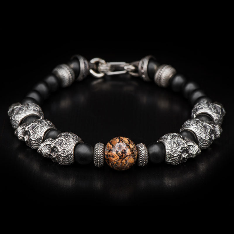 William Henry Yucatan Braided Skull Bracelet With Fossil Dinosaur Bone & Onyx Large Size BB5 DB RB - LG