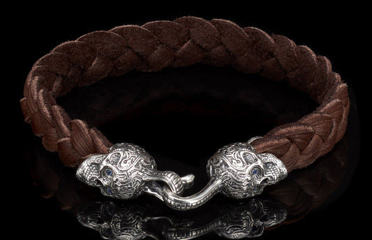 William Henry Braided Brown Deerskin Bracelet With Silver Skull Large Size LB7 BRN - LG