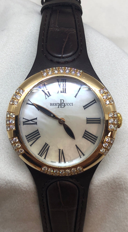 Bertolucci Serena Garbo 18kt Gold M-O-P on strap w/ diamond bezel Ladies watch 303.51.47.8.1