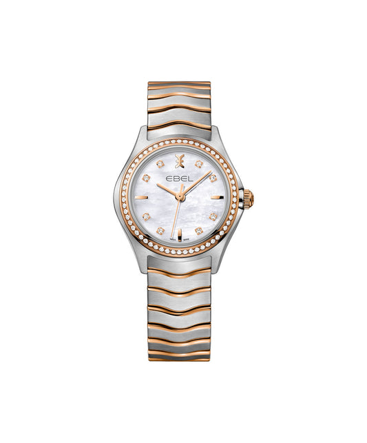 Ebel Wave Lady 30mm Two Tone MOP Diamond Dial Diamond Bezel On Bracelet Ladies Watch 1216325