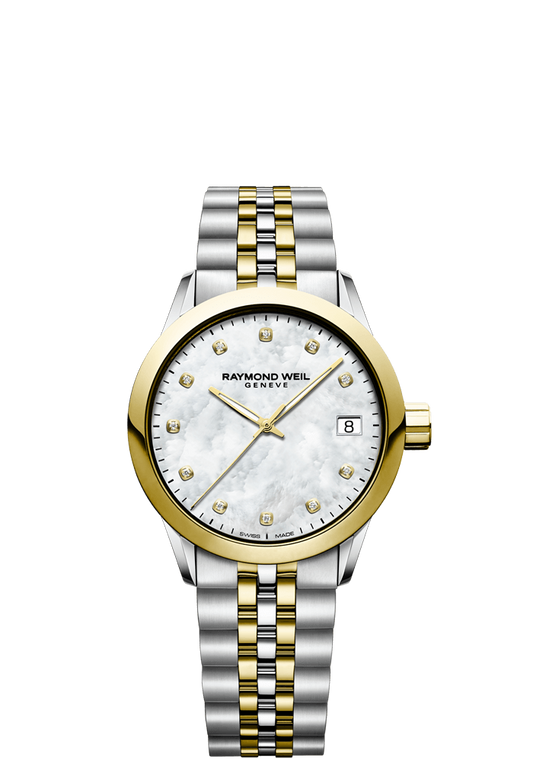 Raymond Weil Freelancer 34mm Two Tone MOP Diamond Dial On Bracelet Ladies Watch 5634-STP-97081