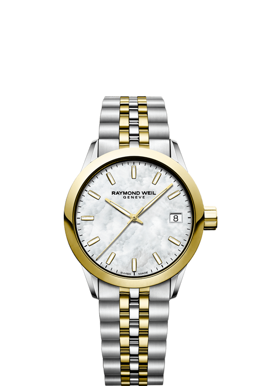 Raymond Weil Freelancer 34mm Two Tone MOP On Bracelet Ladies Watch 5634-STP-97021