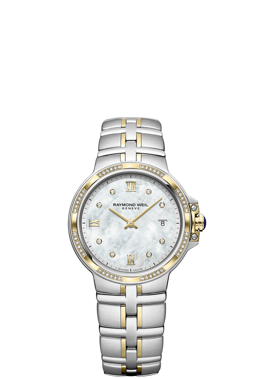 Raymond Weil Parsifal 30mm Two Tone MOP Diamond Dial Diamond Bezel On Bracelet Ladies Watch 5180-SPS-00995