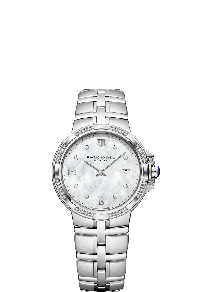 Raymond Weil Parsifal 30mm Stainless Steel MOP Diamond Dial Diamond Bezel On Bracelet Ladies Watch 5180-STS-00995