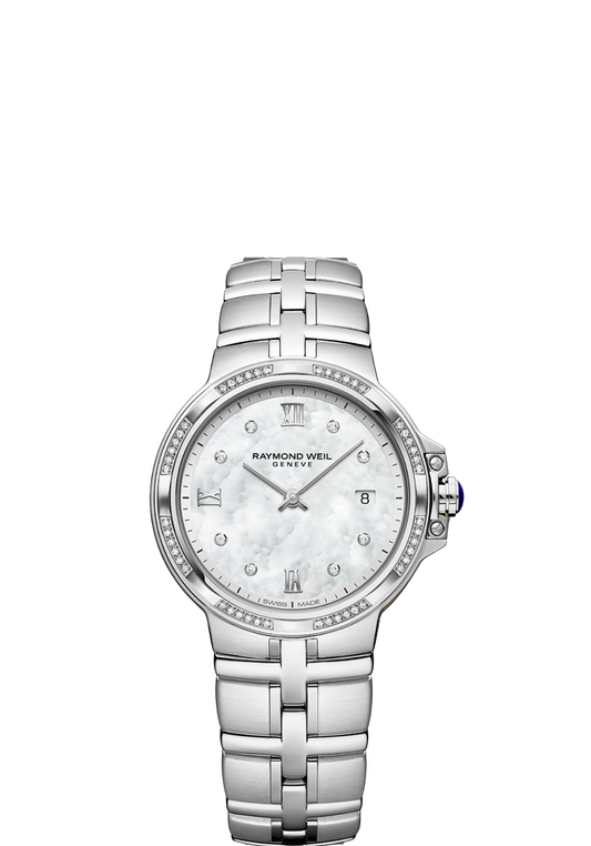 Raymond Weil Parsifal 30mm Stainless Steel MOP Diamond Dial Diamond Bezel On Bracelet Ladies Watch 5180-STS-00995