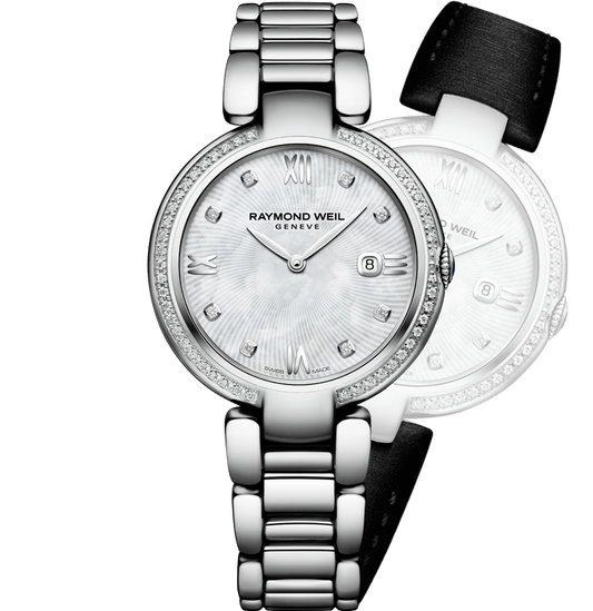 Raymond Weil Shine 32mm Stainless Steel MOP Diamond Dial Diamond Bezel On Strap-Bracelet Ladies Watch 1600-STS-00995