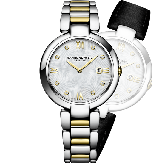 Raymond Weil Shine 32mm Two Tone MOP Diamond Dial On Strap-Bracelet Ladies Watch 1600-STP-00995