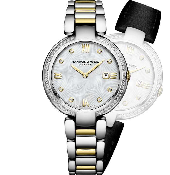 Raymond Weil Shine 32mm Two Tone MOP Diamond Dial Diamond Bezel On Strap-Bracelet Ladies Watch 1600-SPS-00995