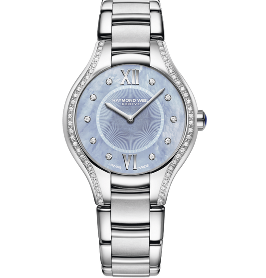 Raymond Weil Noemia 32mm Stainless Steel Blue MOP Diamond Dial Diamond Bezel On Bracelet Ladies Watch 5132-STS-00955