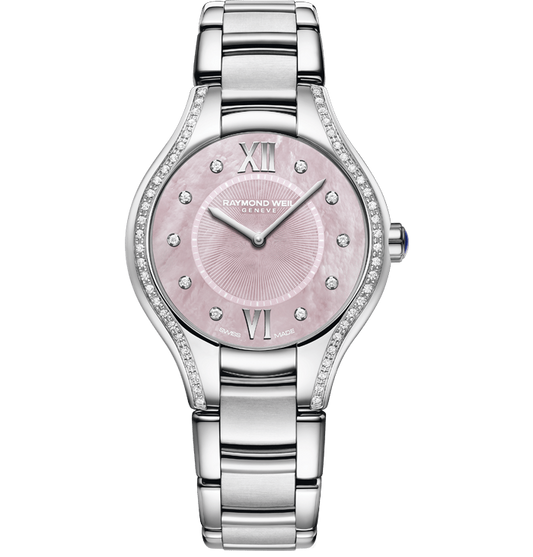 Raymond Weil Noemia 32mm Stainless Steel Pink MOP Diamond Dial Diamond Bezel On Bracelet Ladies Watch 5132-STS-00986