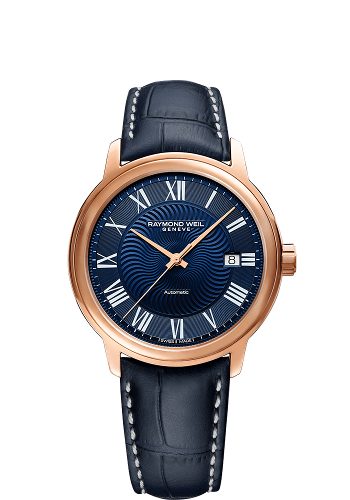 Raymond Weil Maestro Blues 40mm Automatic Rose Gold PVD On Strap Men's Watch 2237-PC5-00508