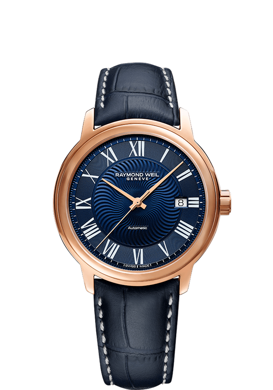 Raymond Weil Maestro Blues 40mm Automatic Rose Gold PVD On Strap Men's Watch 2237-PC5-00508