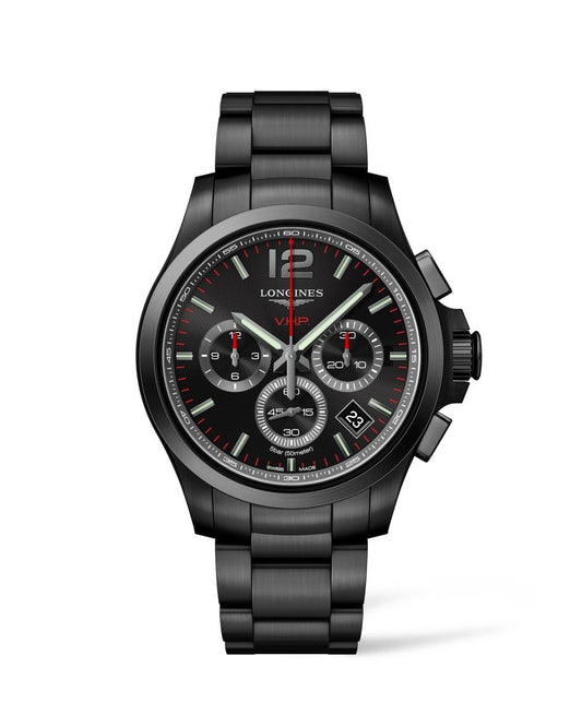 Longines Conquest V.H.P. 42mm Quartz Chronograph Black PVD On Bracelet Men's Watch L3.717.2.56.6