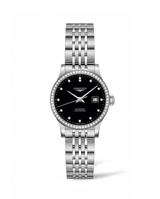 Longines Record 30mm Automatic Chronometer Stainless Steel Diamond Dial & Bezel On Bracelet Ladies Watch L2.321.0.57.6