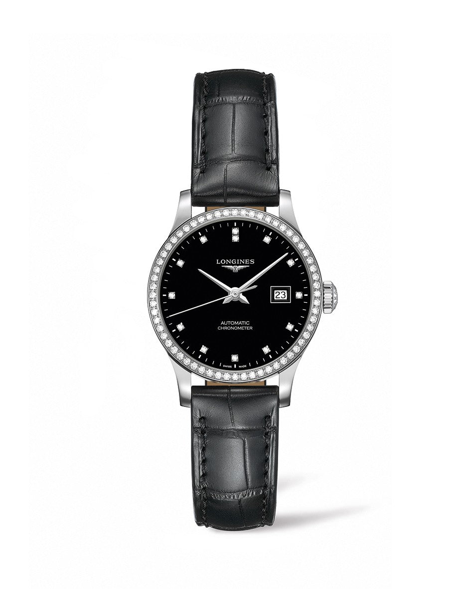 Longines Record 30mm Automatic Chronometer Stainless Steel Diamond Dial & Bezel On Strap Ladies Watch L2.321.0.57.2