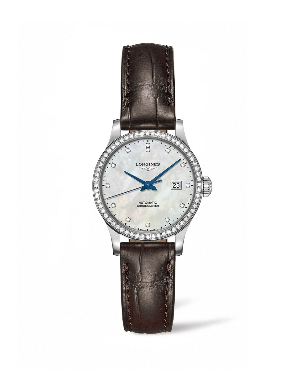 Longines Record 30mm Automatic Chronometer MOP Stainless Steel Diamond Dial & Bezel On Strap Ladies Watch L2.321.0.87.2