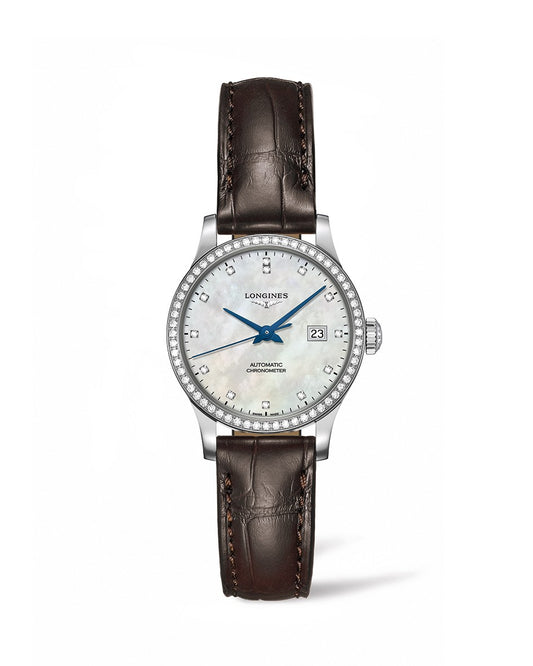 Longines Record 30mm Automatic Chronometer MOP Stainless Steel Diamond Dial & Bezel On Strap Ladies Watch L2.321.0.87.2