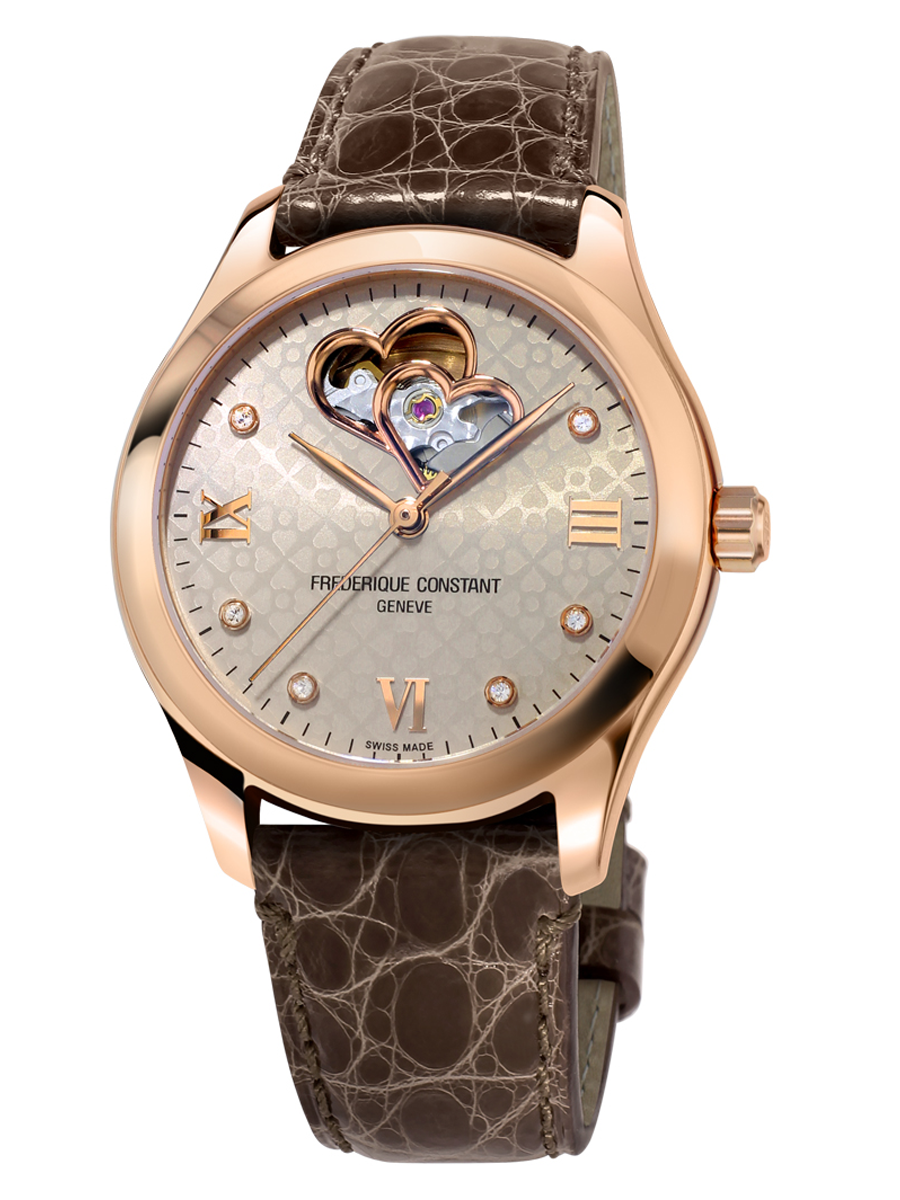 Frederique Constant Ladies Automatic Double Heart Beat Rose Gold Plated On Strap FC-310LGDHB3B4