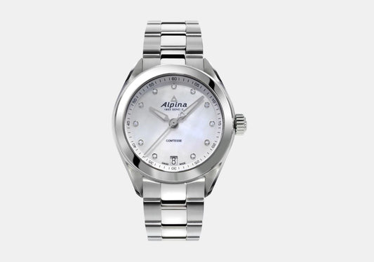 Alpina Comtesse Quartz Stainless Steel MOP Diamond Dial On Bracelet Ladies Watch AL-240MPWD2C6B