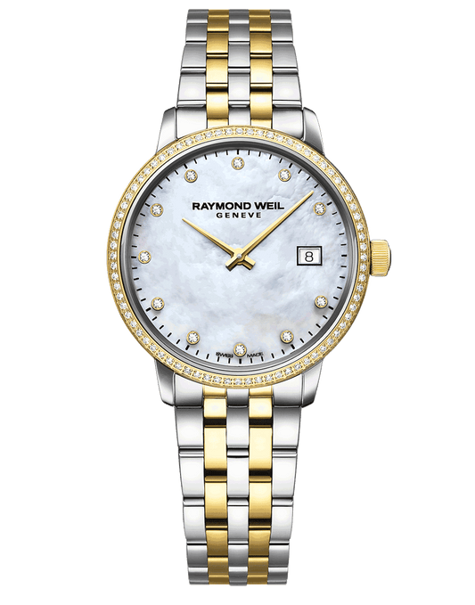 Raymond Weil Toccata 29mm Two-Tone MOP Diamond Dial Diamond Bezel On Bracelet Ladies Watch 5985-SPS-97081