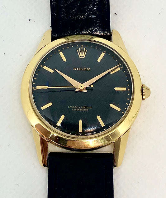 Pre-Owned Vintage Rolex 18kt Yellow Gold Black Dial On Strap 8570