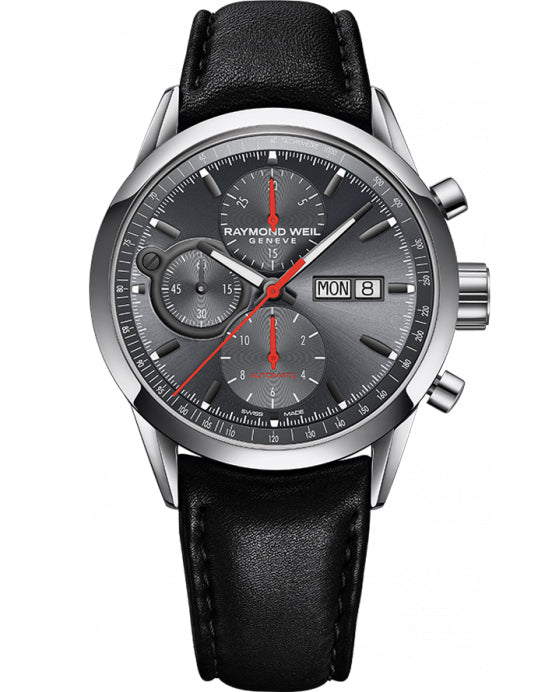 Raymond Weil Freelancer automatic chronograph 42mm SS day-date function grey dial brown leather strap