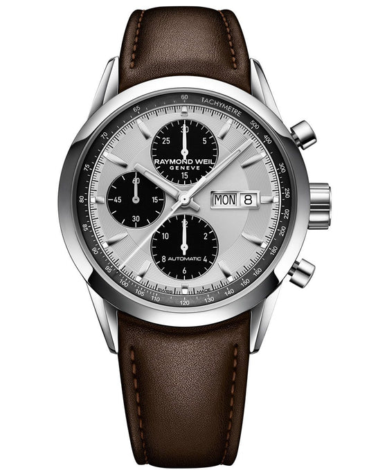 Freelancer Men's Automatic Chronograph Silver Dial Brown Leather Watch, 42MM